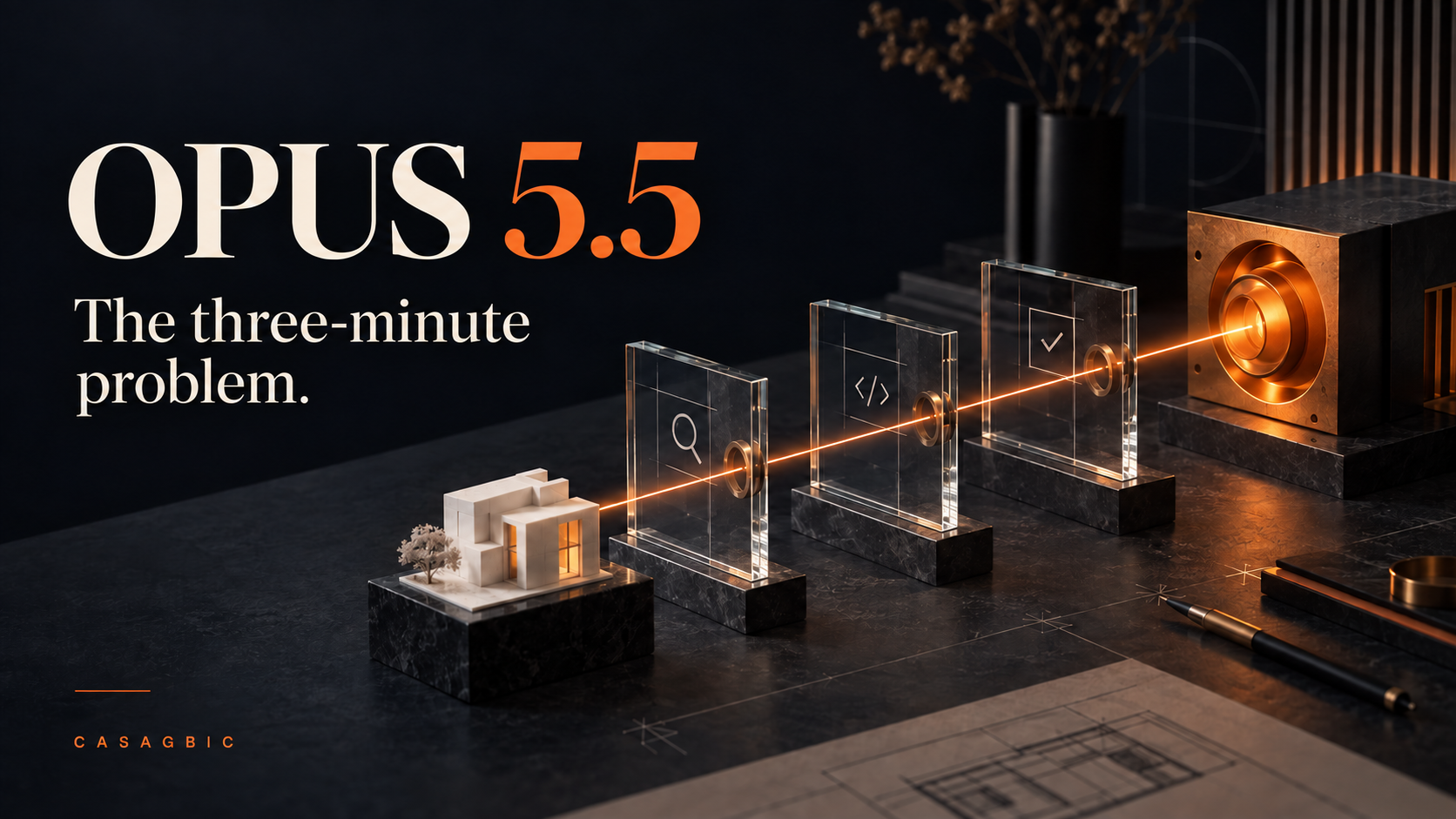 Opus 5.5: The three-minute problem. An orange light passes through glass inspection frames toward a finished architectural model.