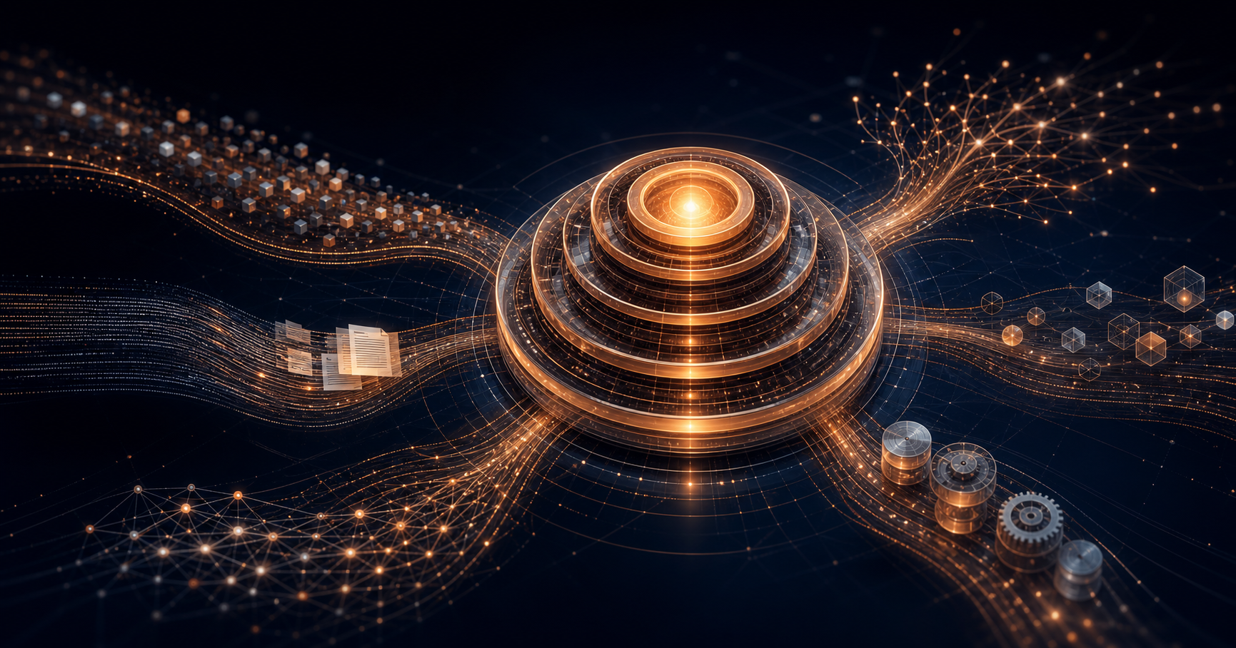 A copper-and-glass AI reasoning core with five nested effort layers and flowing data paths, representing Claude Opus 5.