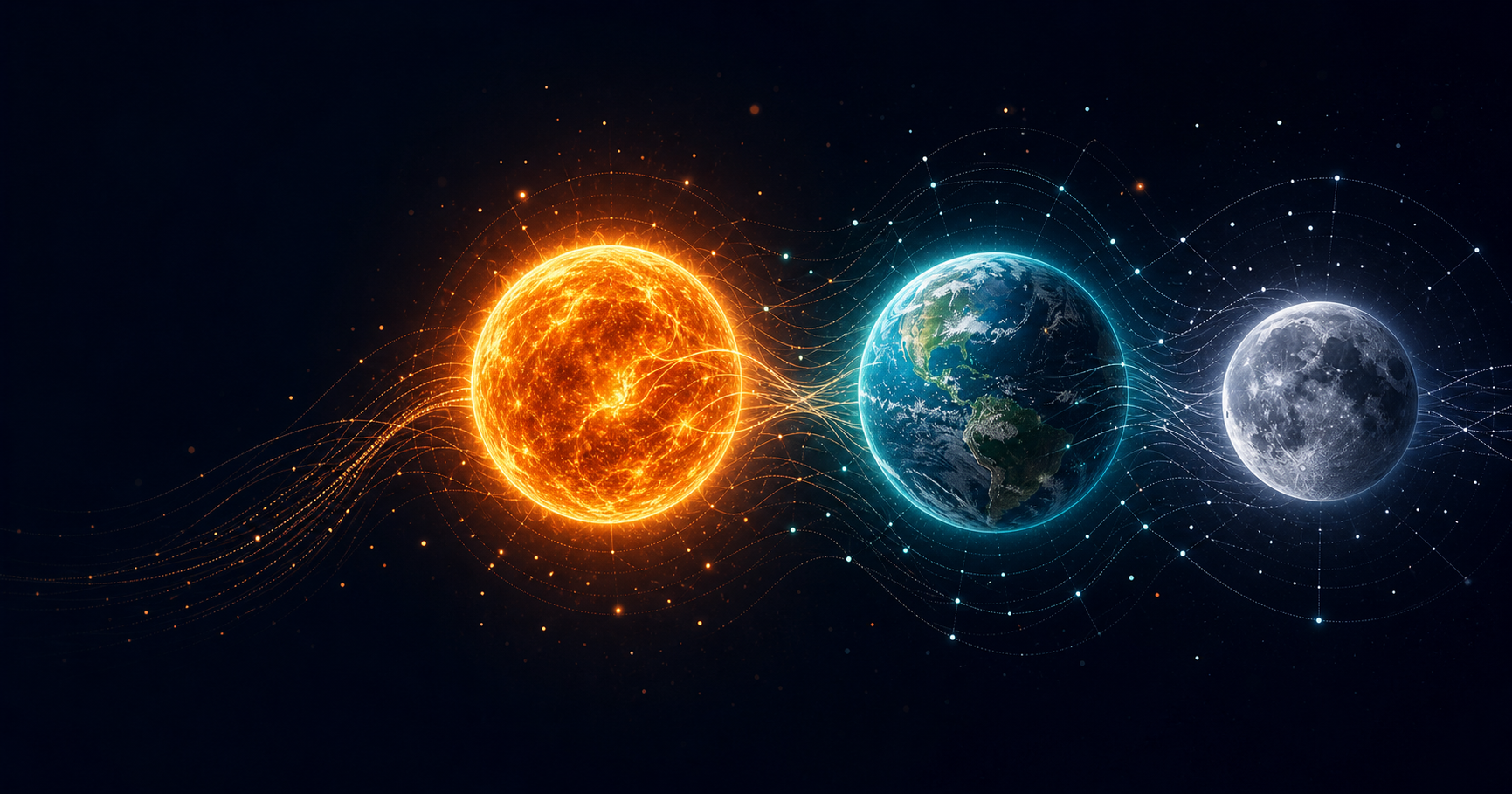 An editorial illustration of the sun, Earth, and moon connected by flowing data paths, representing GPT-5.6 Sol, Terra, and Luna.
