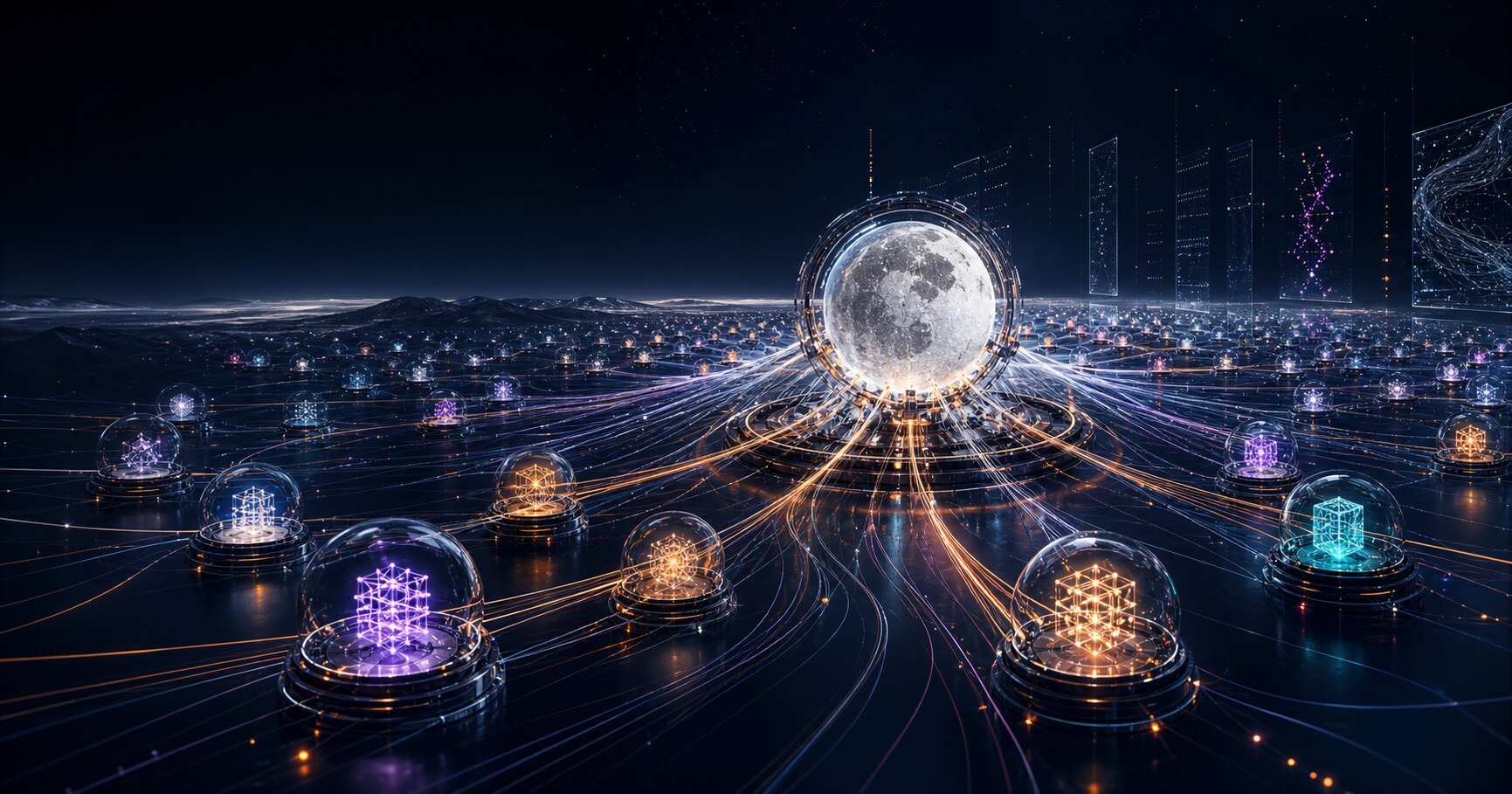 Abstract lunar network illustrating Kimi K3's sparse mixture-of-experts architecture